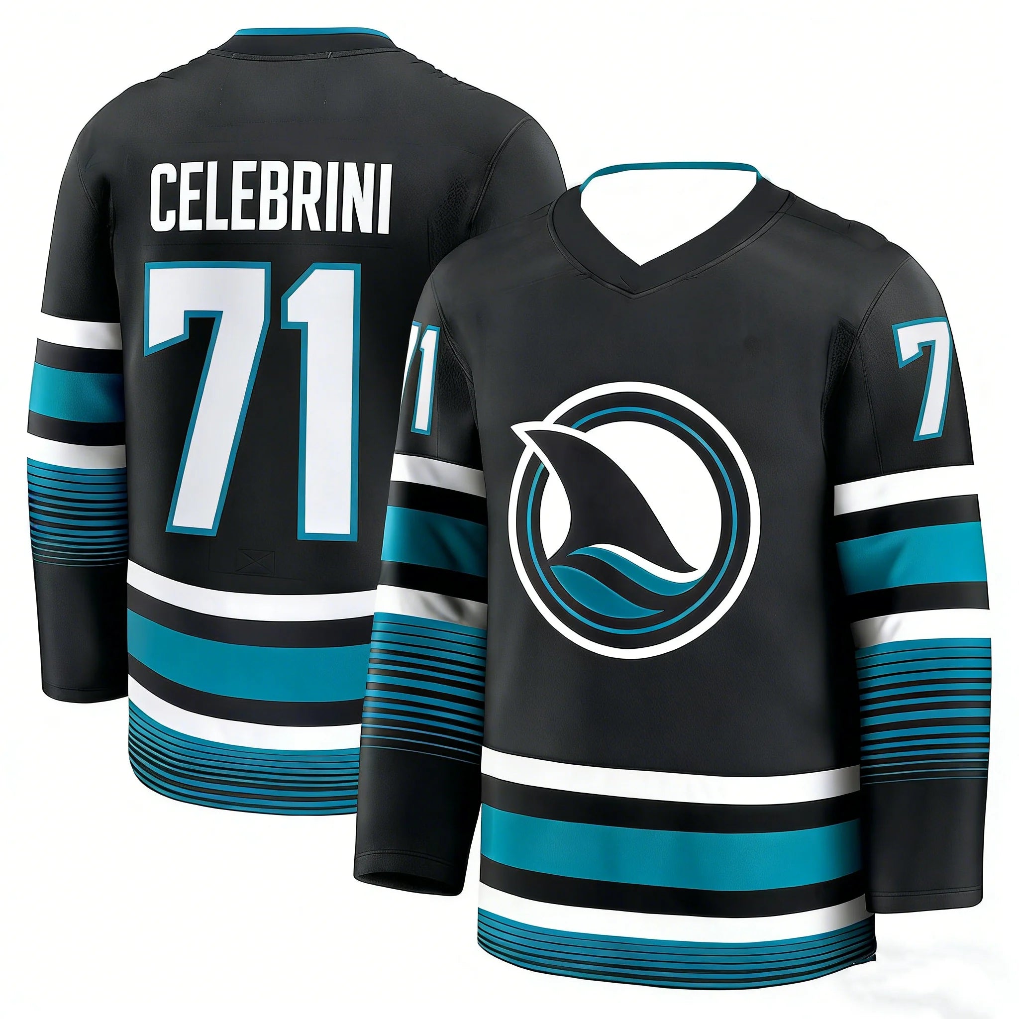 Men's Long Sleeve Ice Hockey Training T-Shirt Breathable Sports Top Shark & Number 39 Print Casual Athletic Tee Black