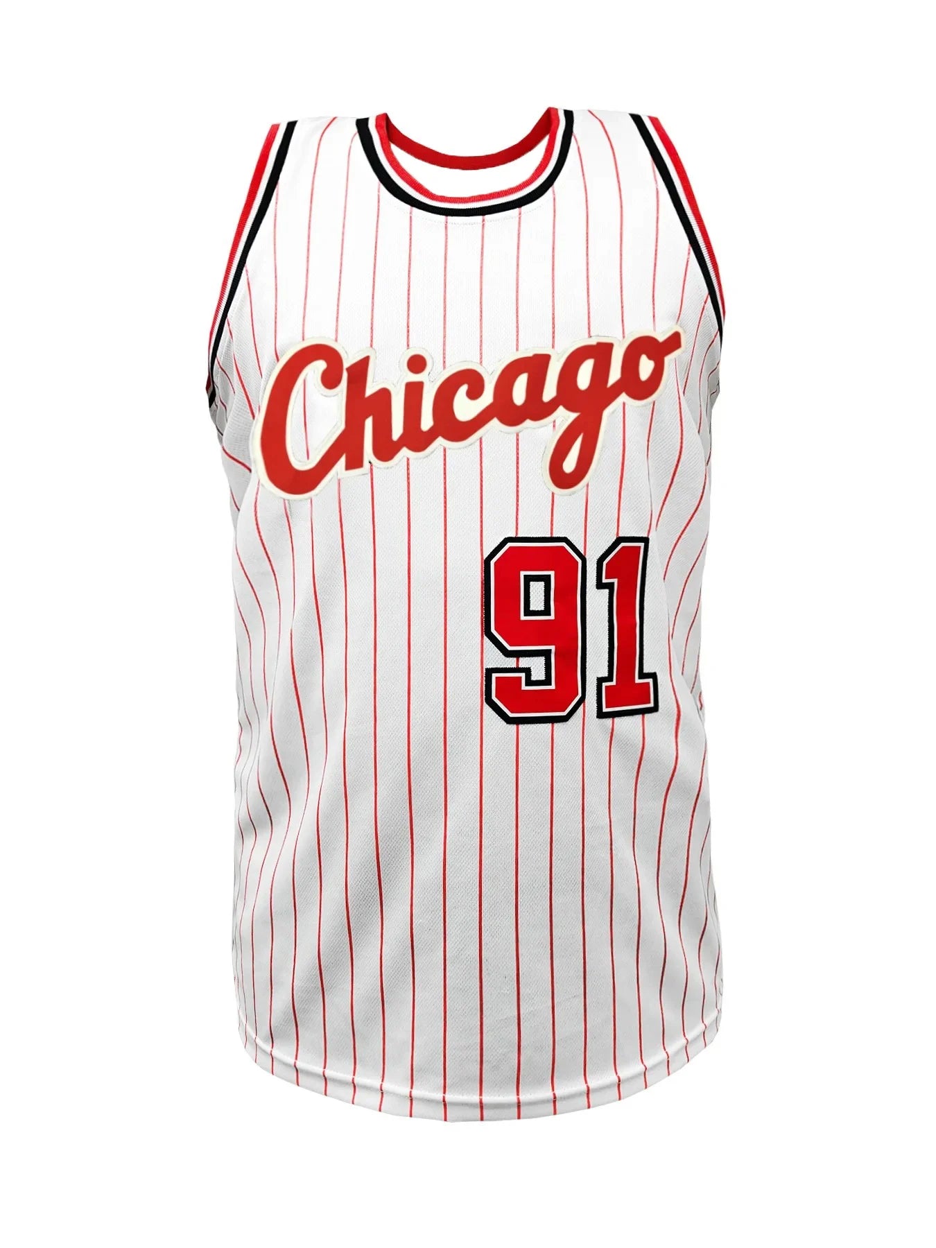 Mens Chicago #91 Print Basketball Jersey Sleeveless Breathable Retro Striped Sports Shirt Basketball Uniform White