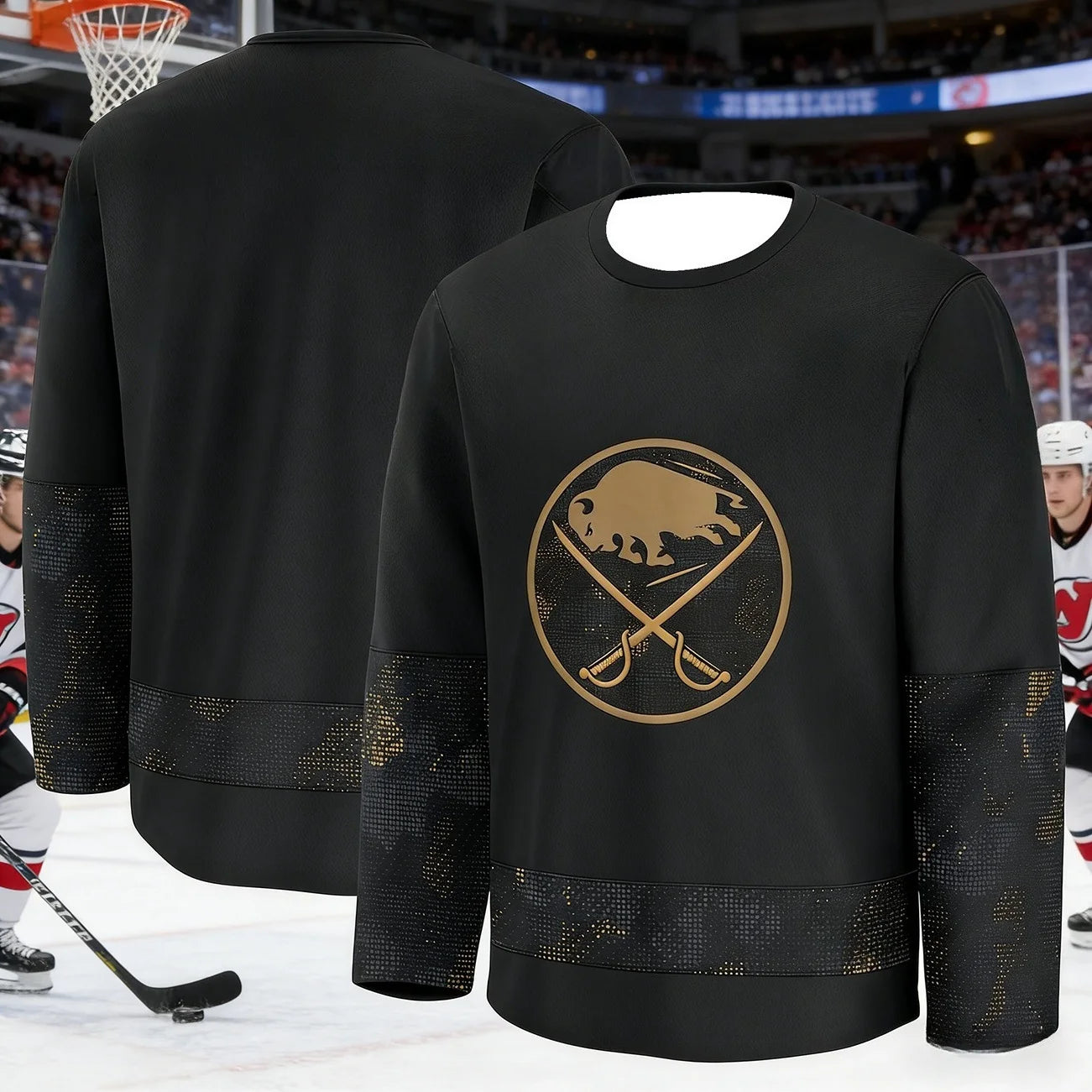 Men's New Ice Hockey Game and Training Jersey, Breathable and Quick-Drying 3D Printed Long Sleeve T-Shirt Black Full