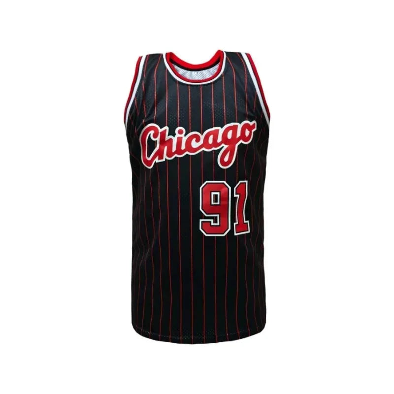 Mens Chicago #91 Print Basketball Jersey Sleeveless Breathable Retro Striped Sports Shirt Basketball Uniform Black