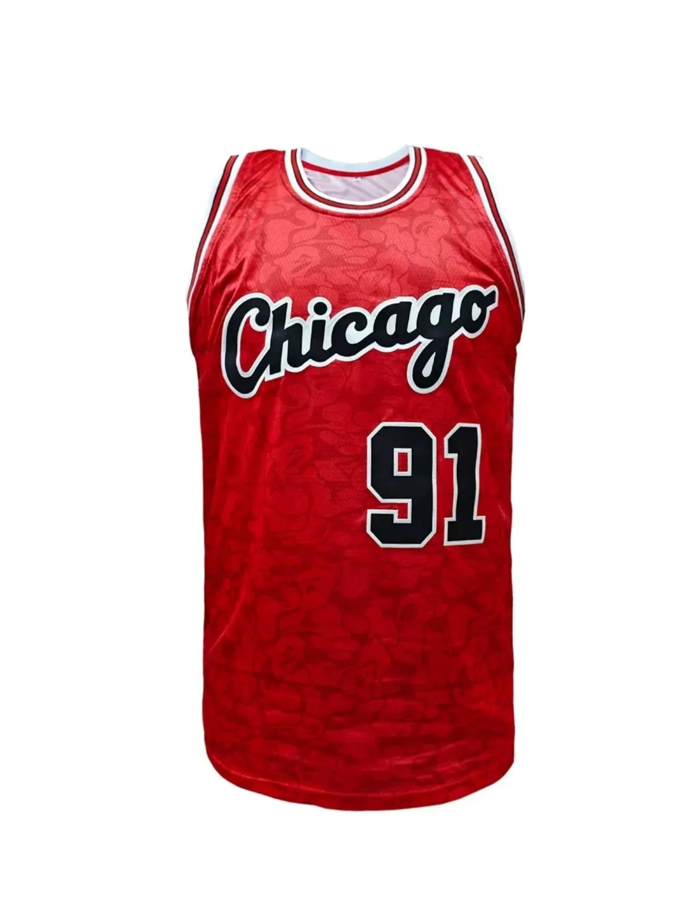 Mens Chicago #91 Print Basketball Jersey Sleeveless Breathable Retro Striped Sports Shirt Basketball Uniform Red