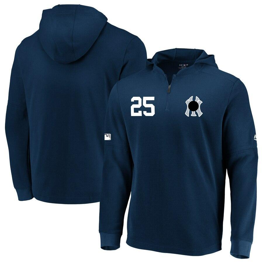 Men's New York City Gleyber Torres Majestic Navy Collection Batting Practice Waffle Quarter-Zip Hoodie